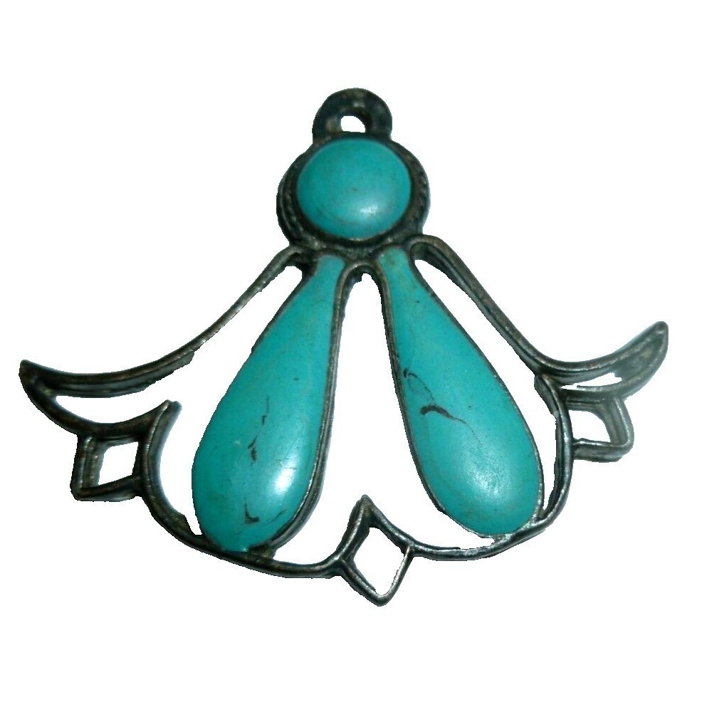 Vintage Southwestern Turquoise Inlay Fan Wing Pendant Silver Tone Blue Stone